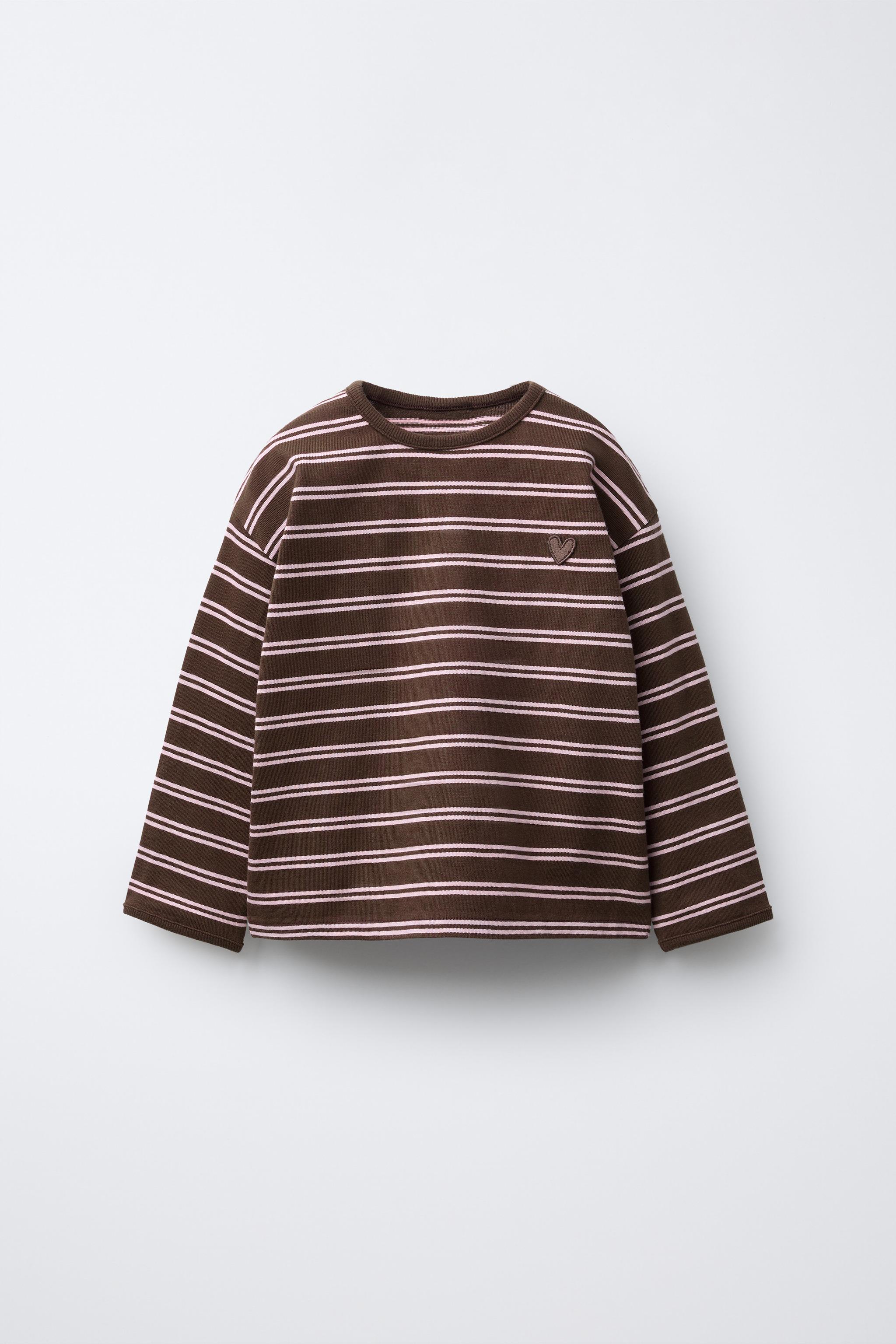 WOVEN STRIPE EMBROIDERED HEART T-SHIRT - Brown Stripes | ZARA