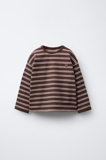 WOVEN STRIPE T-SHIRT WITH EMBROIDERED HEART - Brown Stripes by Zara