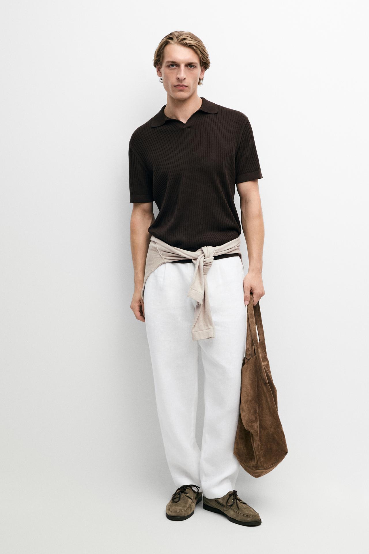 100% cotton ribbed knit polo sweater — Brown marl