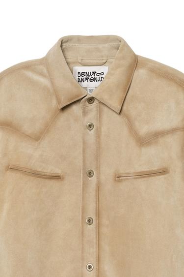 REGULAR FIT SUEDE LEATHER OVERSHIRT - Brown / Taupe by Zara - Image 4