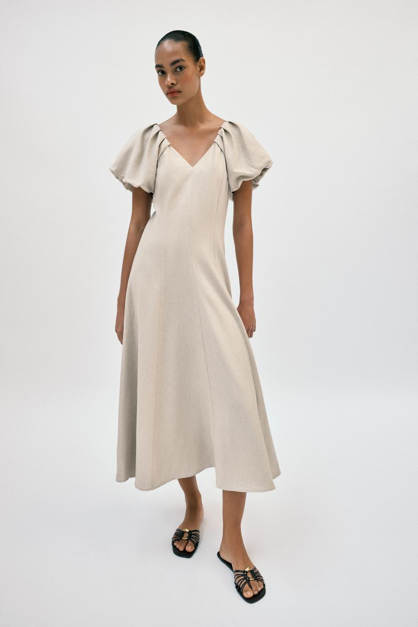 LINEN BLEND PUFF SLEEVE MIDI DRESS - Light beige | ZARA United States LINEN BLEND PUFF SLEEVE MIDI DRESS - Light beige | ZARA United States