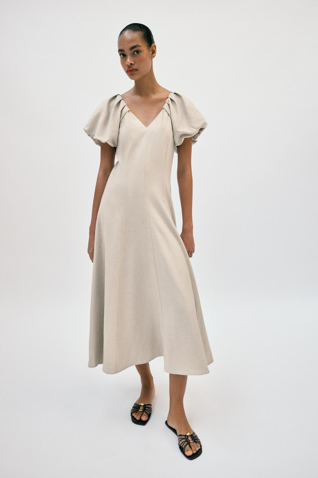 LINEN BLEND PUFF SLEEVE MIDI DRESS - image 2