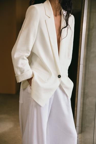 BLAZER MIT LEINEN UND BEDRUCKTEN ÄRMELAUFSCHLÄGEN - Cremefarben von Zara