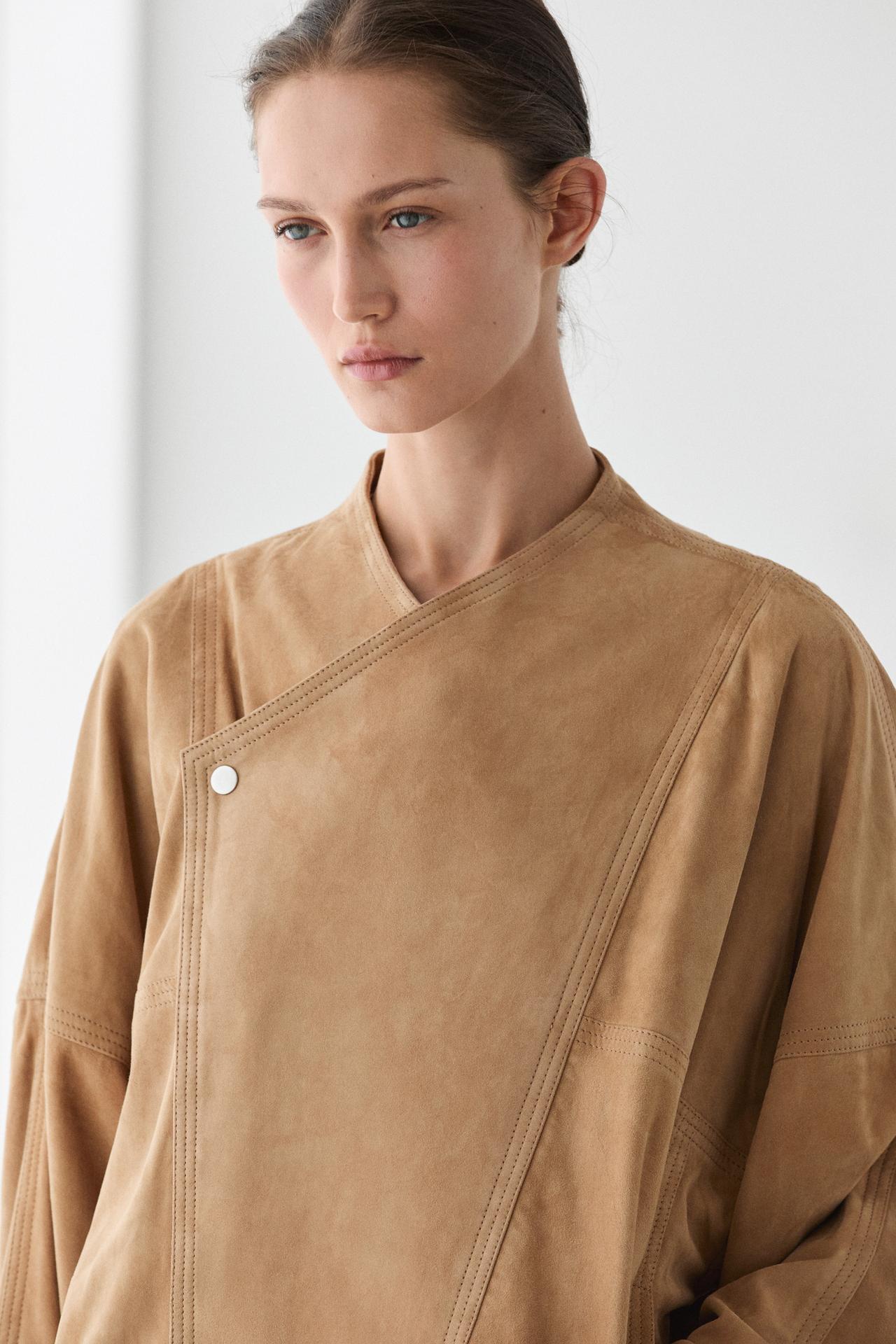 Suede leather double-breasted jacket — Dark mink