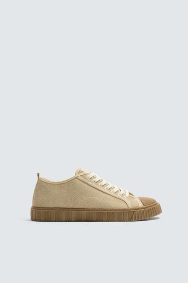 Zara CONTRAST LEATHER SNEAKERS - SAND/BROWN