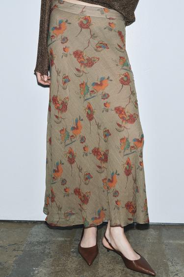 Zara ZW COLLECTION FLORAL WOOL SKIRT - Beige