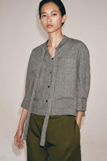 პერანგი პლედი სელის ქსოვილი ZW COLLECTION - Zara-ს Ecru / Black