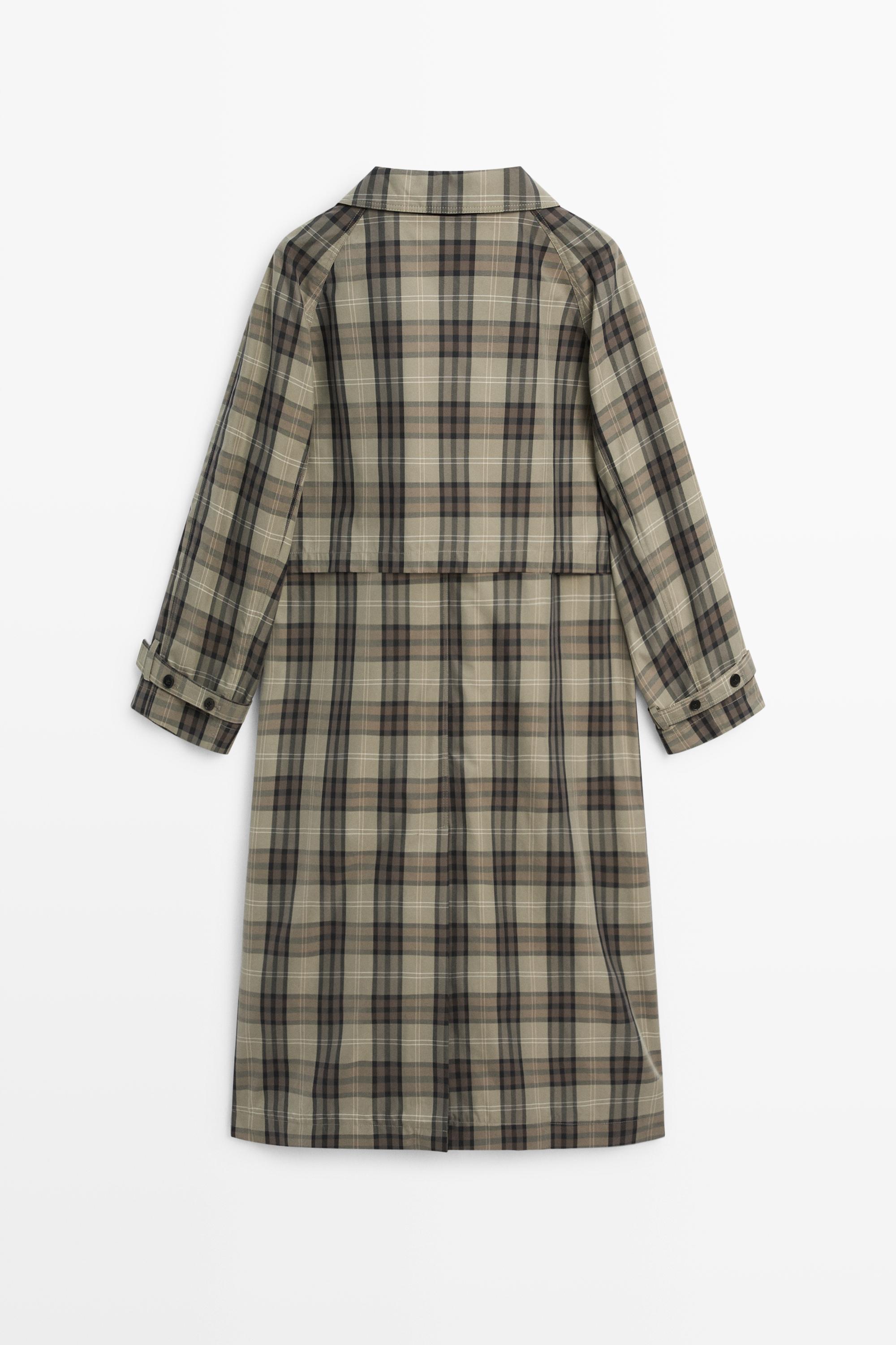 Long cotton blend plaid trench coat