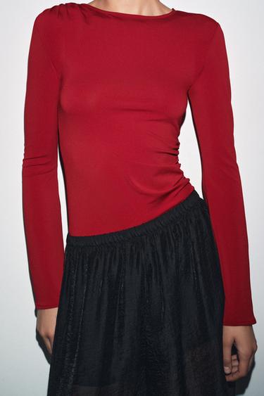 LONG SLEEVE GATHERED T-SHIRT - Burgundy by Zara - Image 1