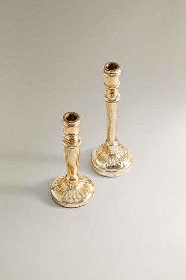 ANTIQUE FINISH GLASS CHRISTMAS CANDLESTICK - Gold by Zara - Image 1