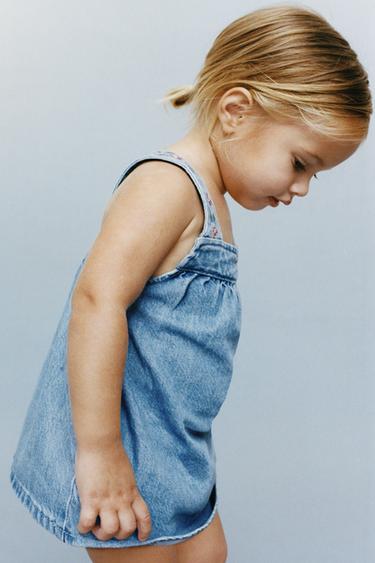 EMBROIDERED DENIM PINAFORE DRESS AND BRIEFS - Blue by Zara - Image 0