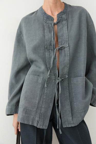Zara 100% linen kimono with bows - Blue