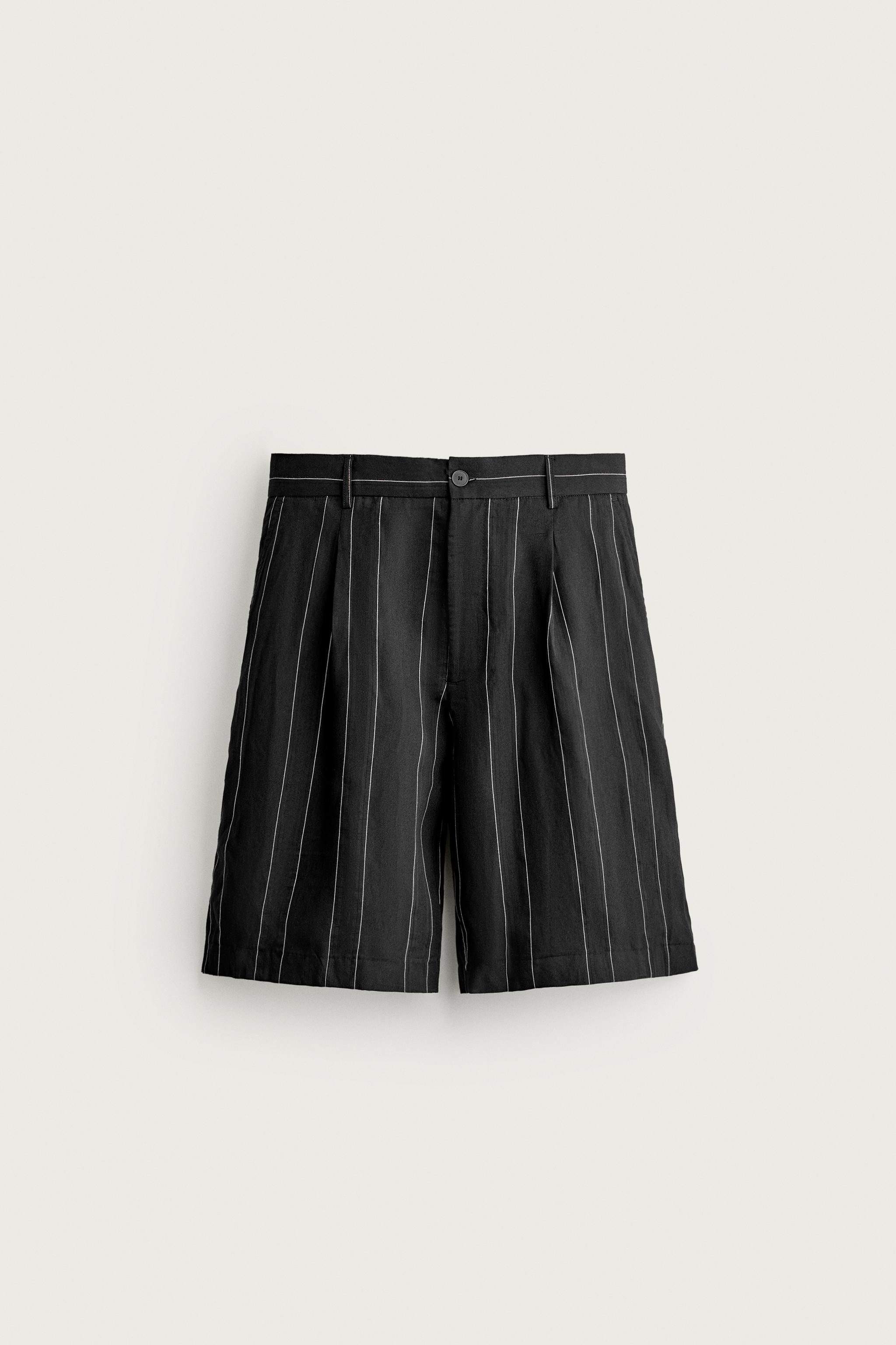 STRIPED PLEATED RELAXED FIT SHORTS — Black