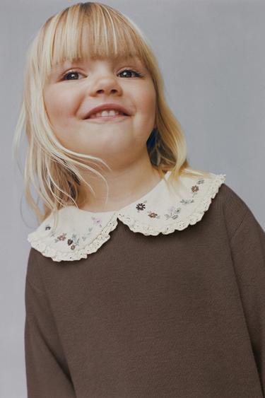KNIT SWEATER WITH PETER PAN COLLAR AND FLOWERS - Brown / Taupe by Zara - Image 0