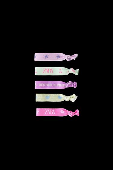 Zara FIVE-PACK OF TEXT HAIR TIES - Pinks - Image 0