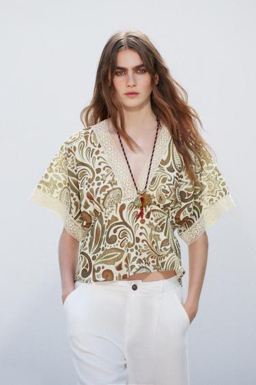 PRINTED TOP WITH CROCHET TRIM - Multicoloured by Zara - Image 4