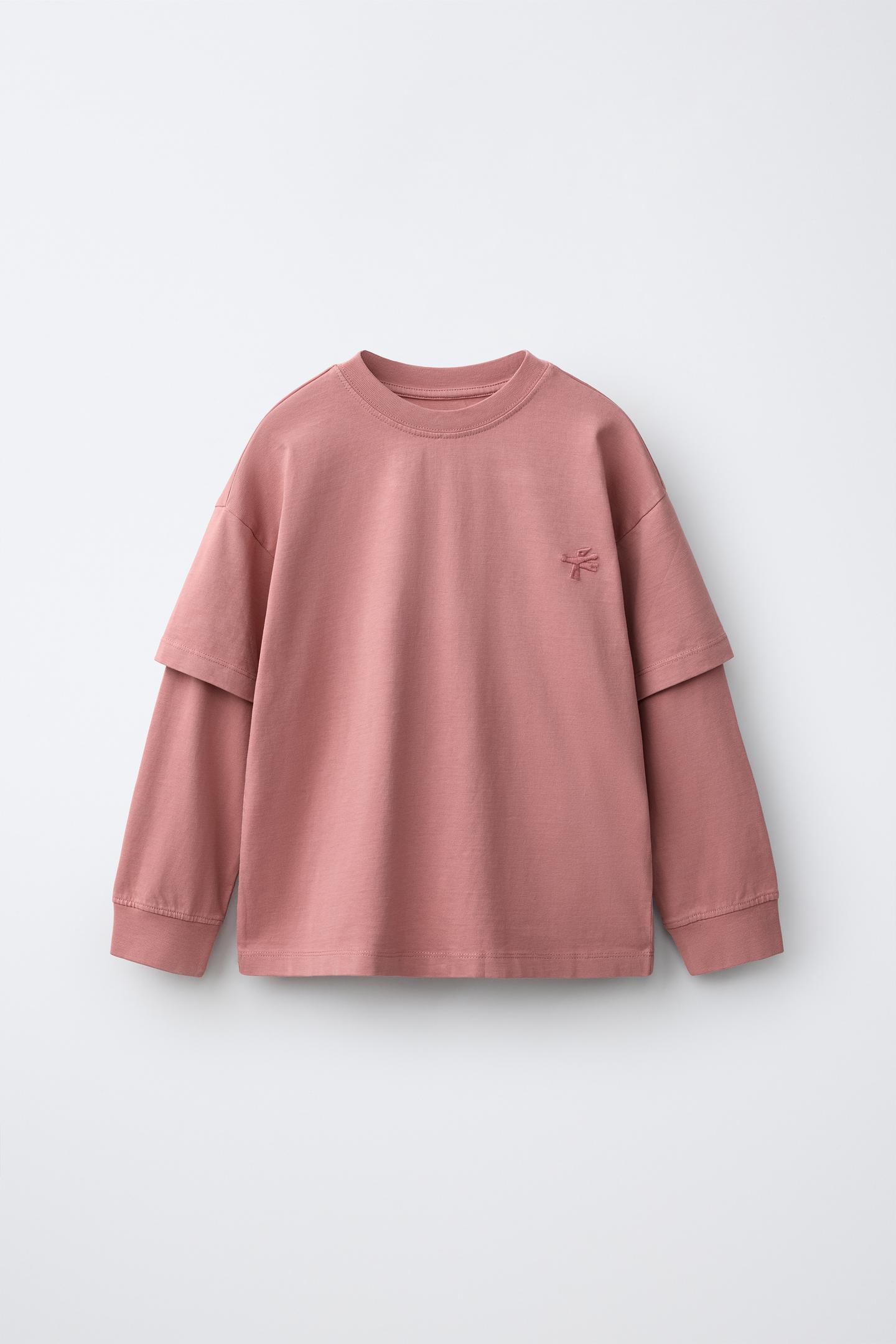 Детская футболка Zara Embroidered Logo Layered Sleeve, цвет: Розовый