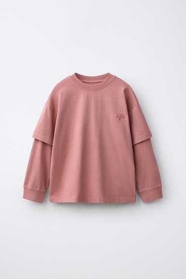 EMBROIDERED LOGO LAYERED SLEEVE T-SHIRT — Pink 2
