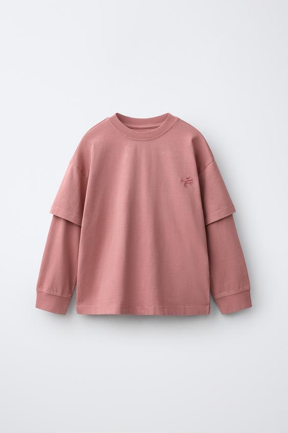 CAMISETA DOBLE MANGA LOGO BORDADO - Rosa de Zara - Imagen 0