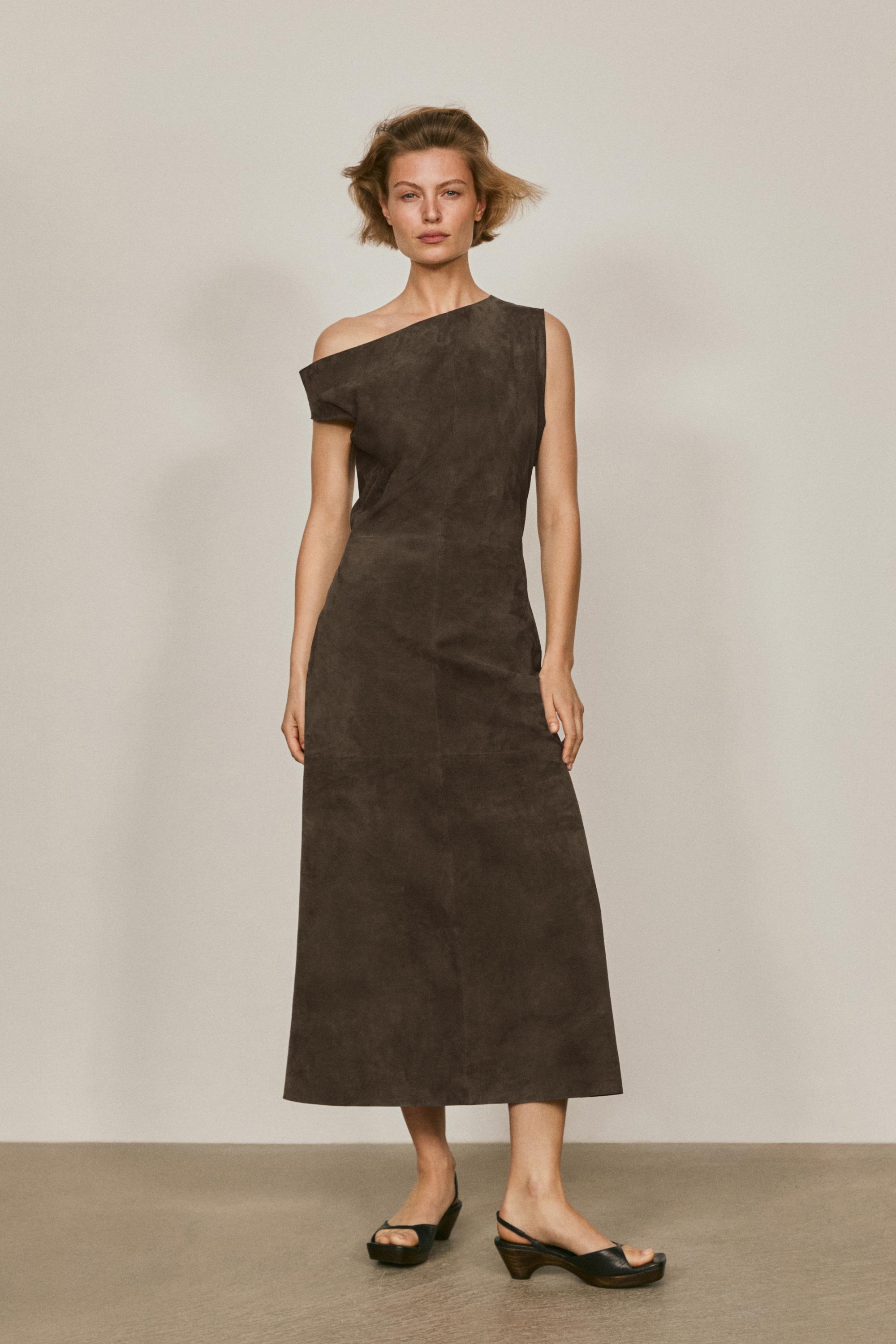 Suede leather midi dress with asymmetric neckline - LIMITED EDITION