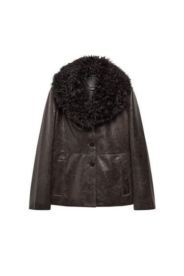 VESTE EN CUIR COL EFFET FOURRURE ZW COLLECTION ÉDITION LIMITÉE - Marron de Zara