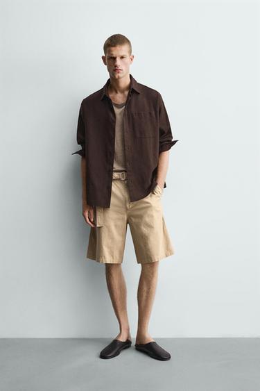 RELAXED FIT BERMUDA SHORTS WITH BELT - Dark beige by Zara