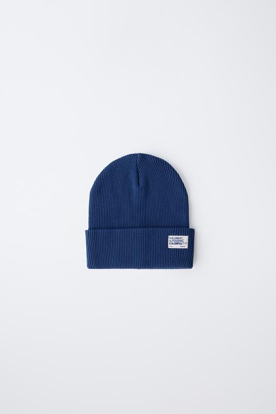 RIBBED KNIT BEANIE WITH LABEL - Ink blue by Zara - Image 0