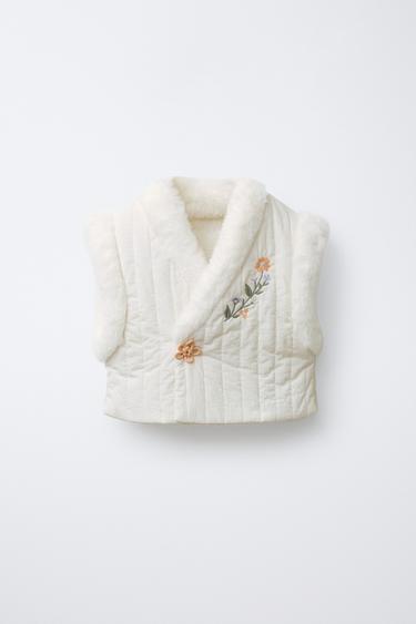 플로럴 자수 페이크 퍼 패딩 베스트 - Zara 크림