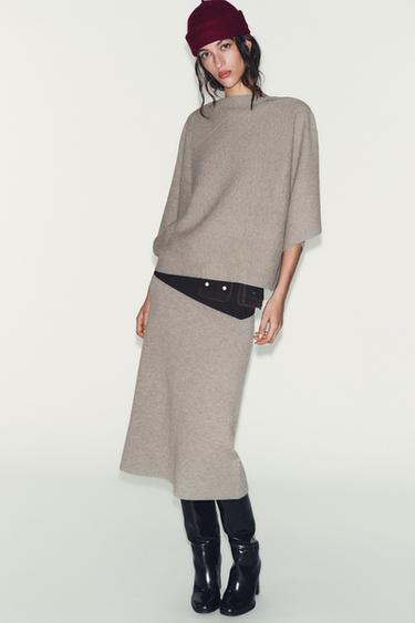 سترة محاكة بياقة مطوية - رملي /فيجوريه الخاص بـ Zara