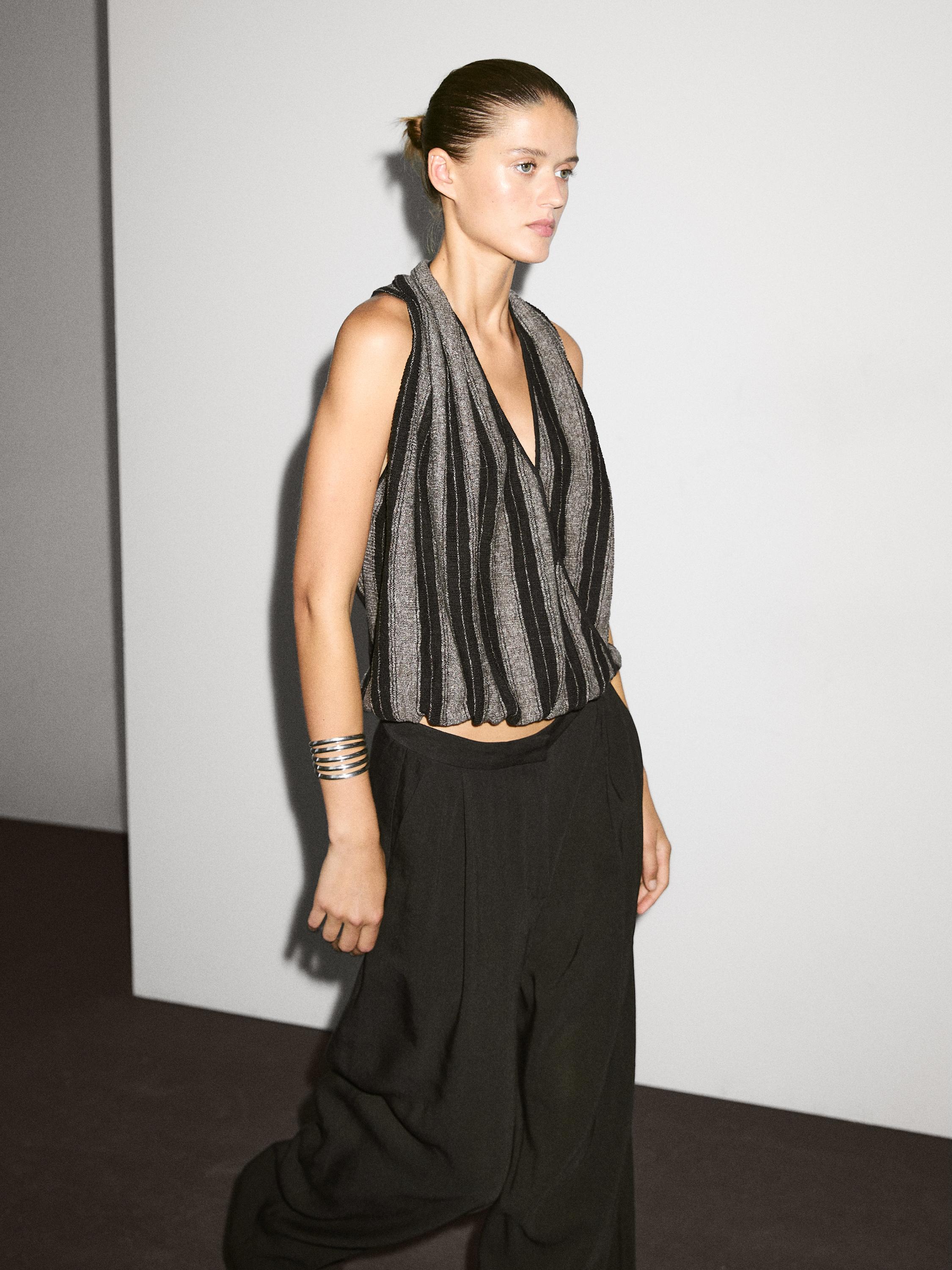 Linen blend knit crossover halter top