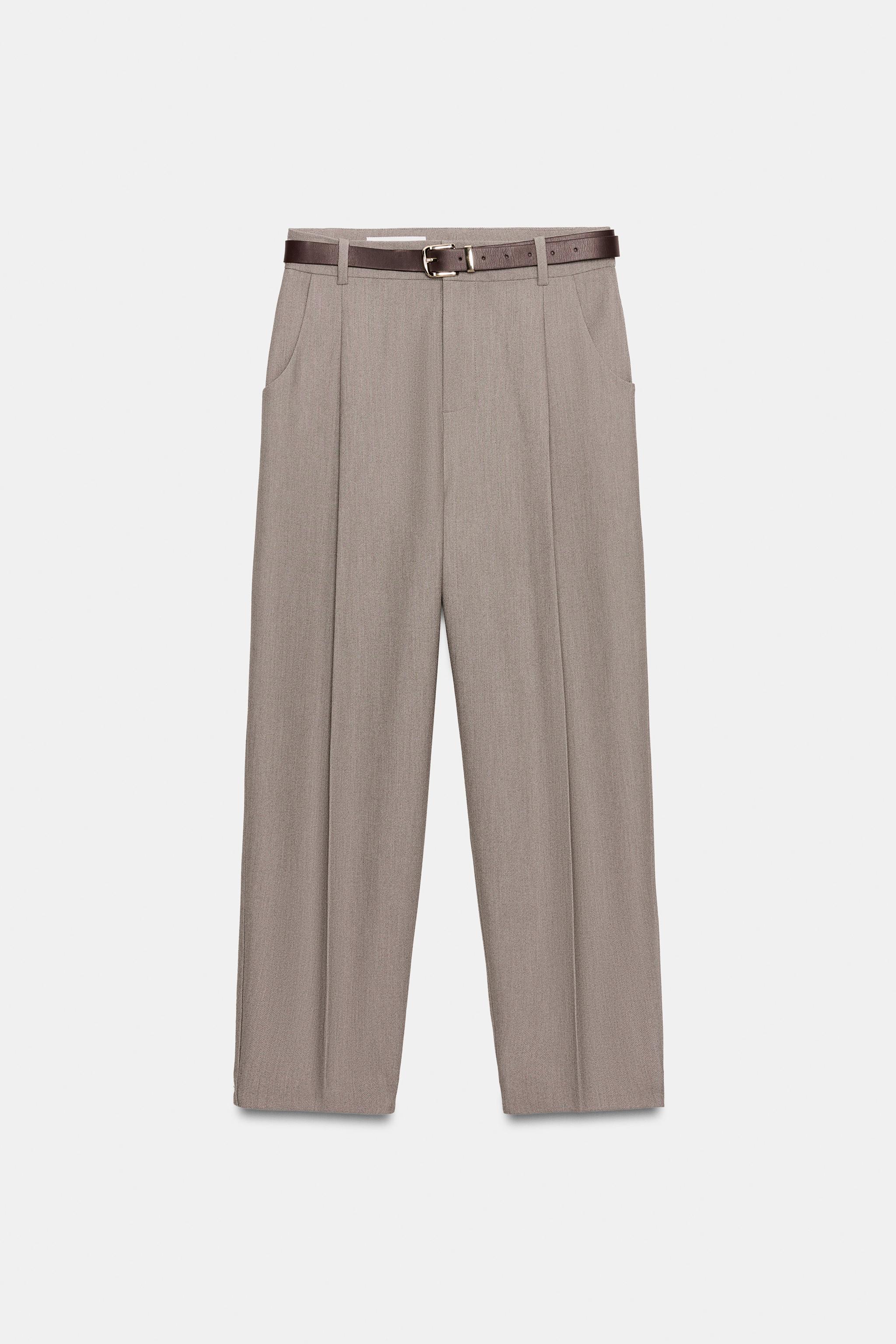 BELTED ANKLE PANTS — taupe brown