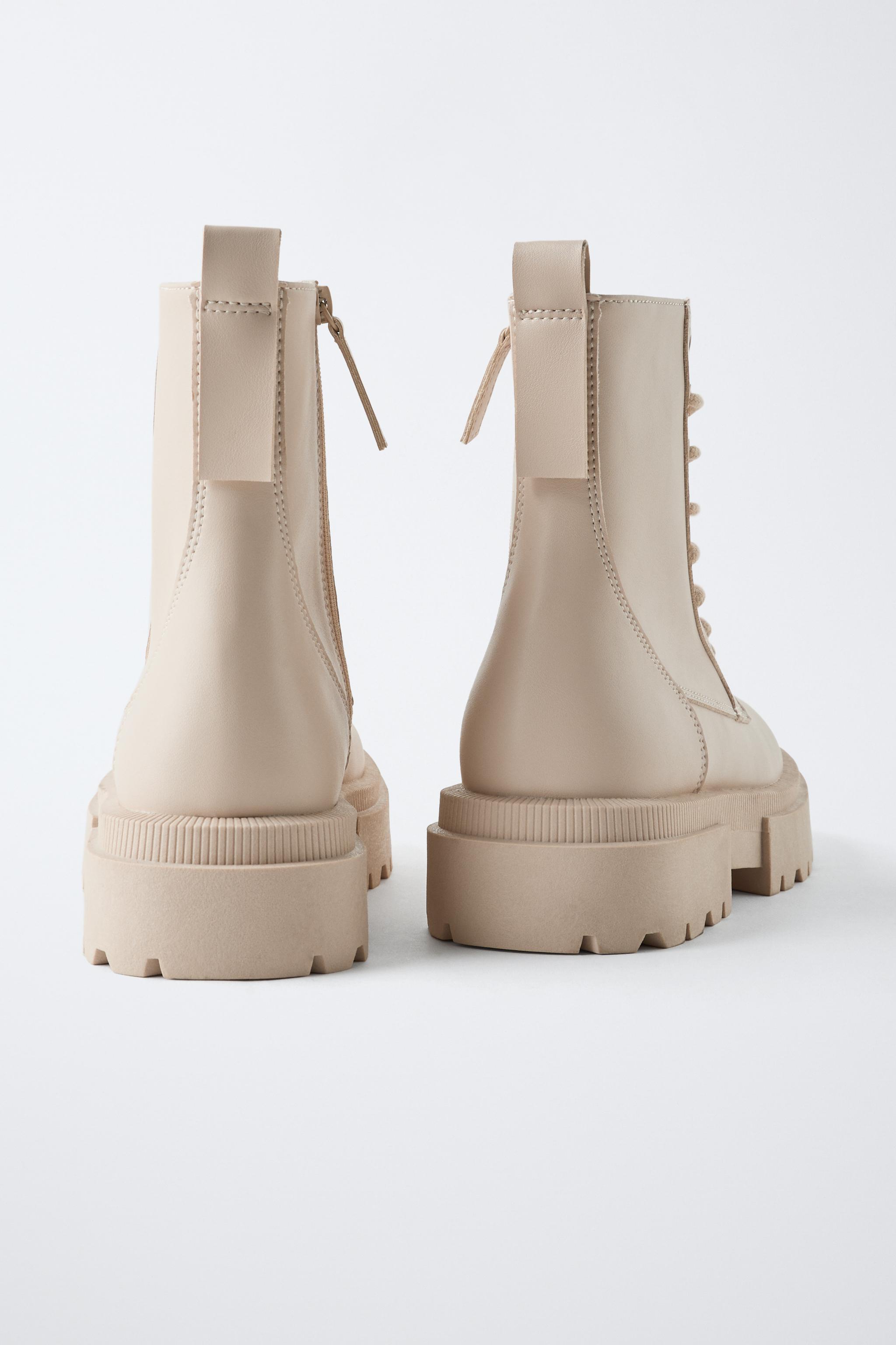 ZARA Beige Lace-Up Boots with Brown Soles bloggers favorite Leather Ankle Boots Zara Cream Lace Up Boots LILYSHOE Cookie  main image 2