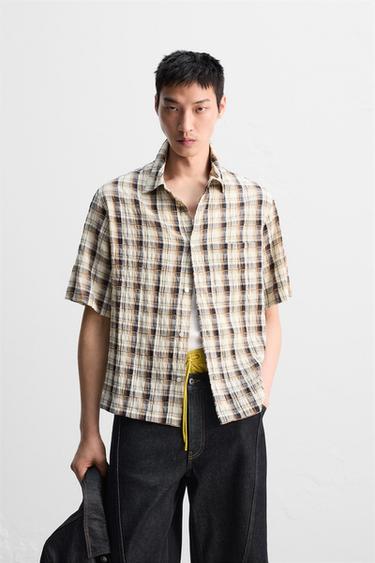 TEXTURED CHECK SHIRT - Brown-Blue by Zara
