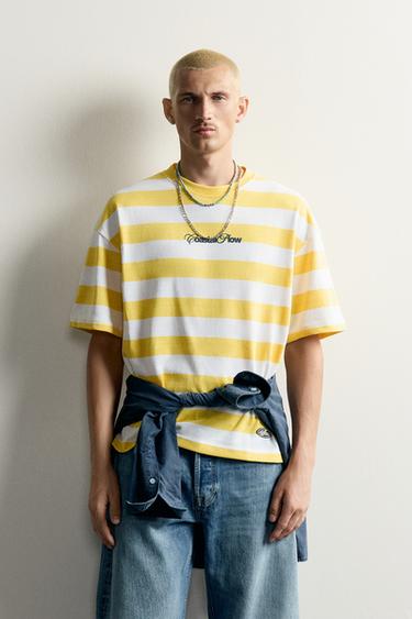 RELAXED FIT STRIPED SLOGAN T-SHIRT - Printed by Zara