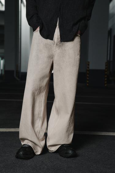 Zara 寬鬆刷白吊襠牛仔褲 - 磨白色