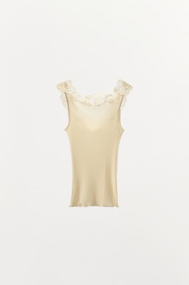 TOP CÔTELÉ DENTELLE - Écru de Zara - Image 6