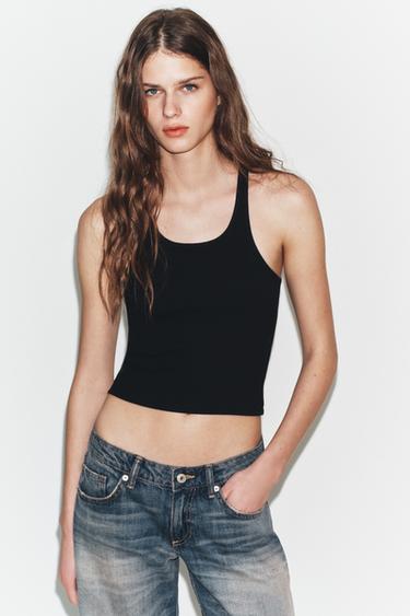 Zara RIBBED CROP TOP - Black