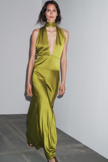 Zara HALTER SATIN EFFECT HANDKERCHIEF TOP - Olive green