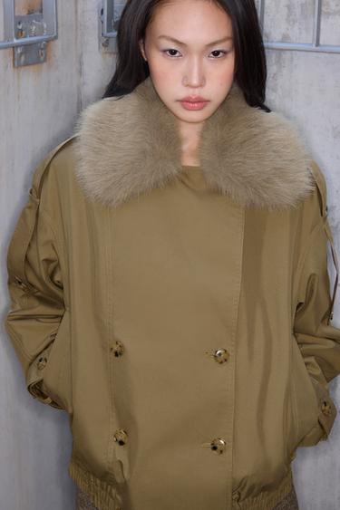 Zara ZW COLLECTION 人造皮草領絎縫風衣 - 淺卡其色