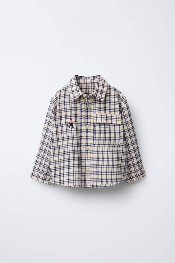 CAMISA BORDADOS CUADROS - Crudo / Azul de Zara - Imagen 0