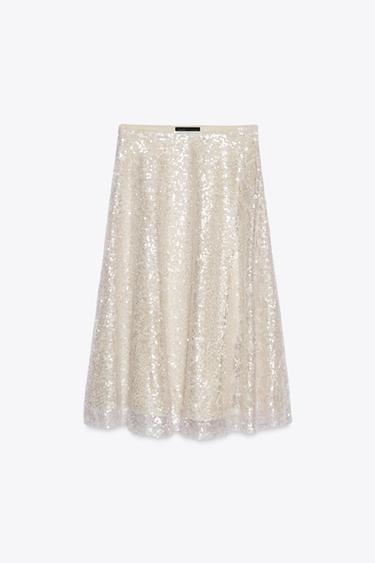 FALDA MIDI LENTEJULEAS - Rosa tiza de Zara
