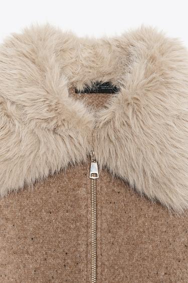 100% WOOL FAUX FUR LAPEL JACKET - Toffee by Zara - Image 6