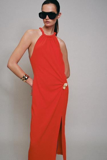 VESTIDO MIDI HALTER FORNITURA - Coral-vermelho da Zara