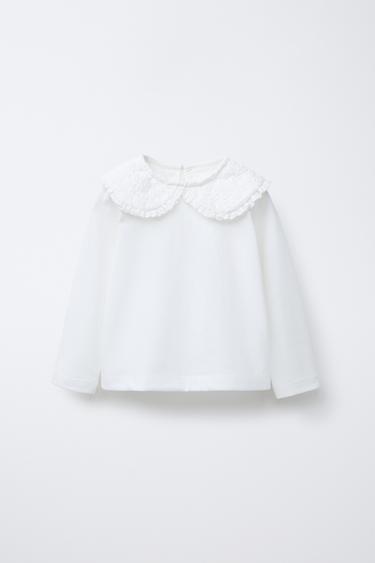 Zara EMBROIDERED PETER PAN COLLAR T-SHIRT - Oyster-white