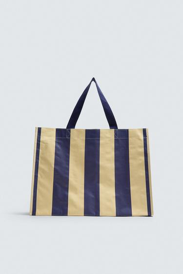 STRIPED TOTE BAG WITH POUCH - Ecru / Blue by Zara