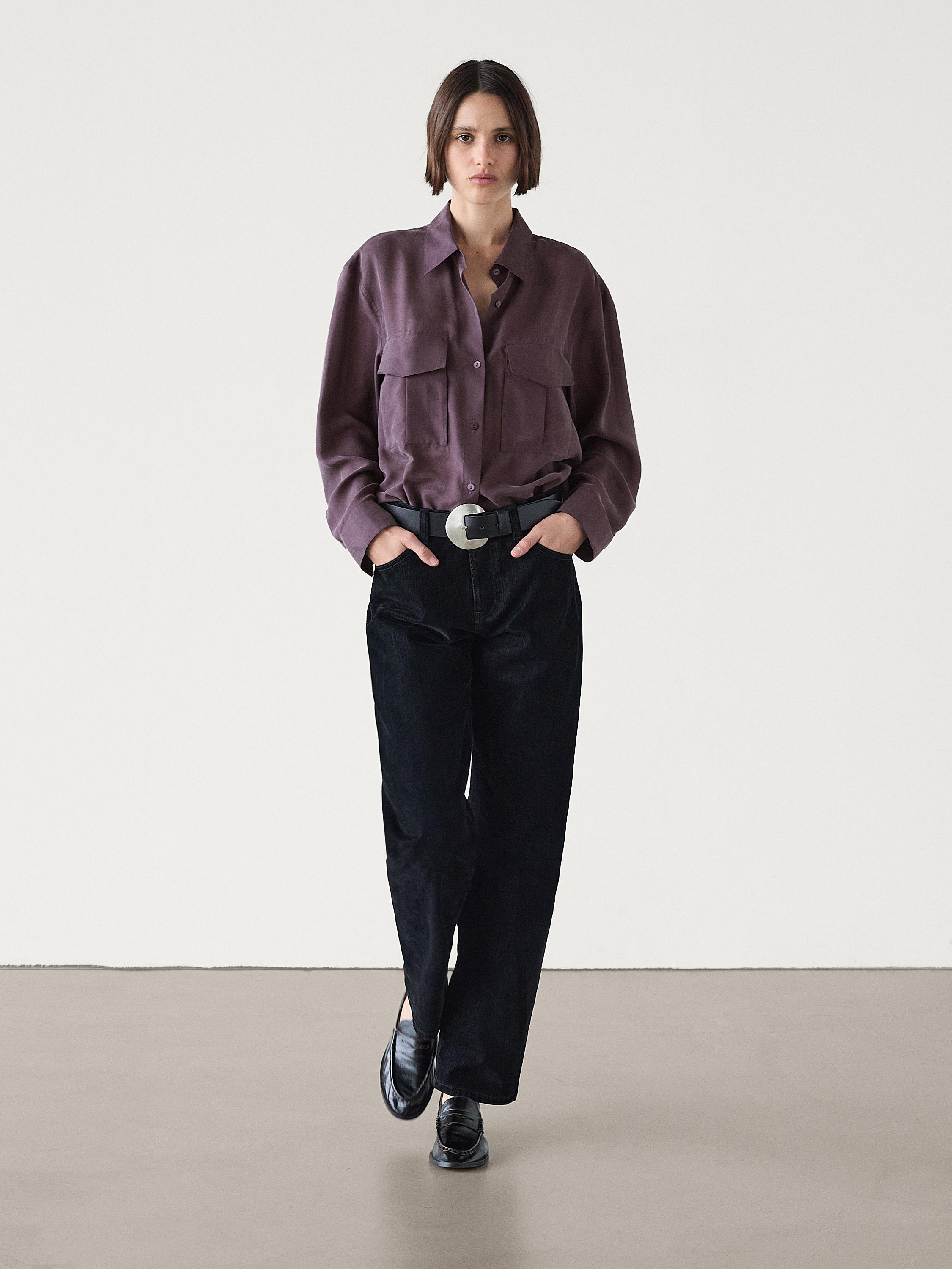 100% silk shirt with pockets - Purple | ZARA Canada