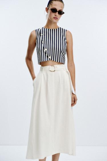 DLOUHÉ KOMBINOVANÉ ŠATY S PÁSKEM A LNEM - Špinavě bílá od Zara