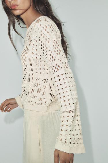 Zara LONG SLEEVE CROCHET TOP - Light ecru