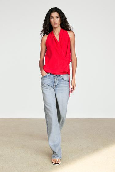 Zara Linen halter top with tie detail - Red - Image 0
