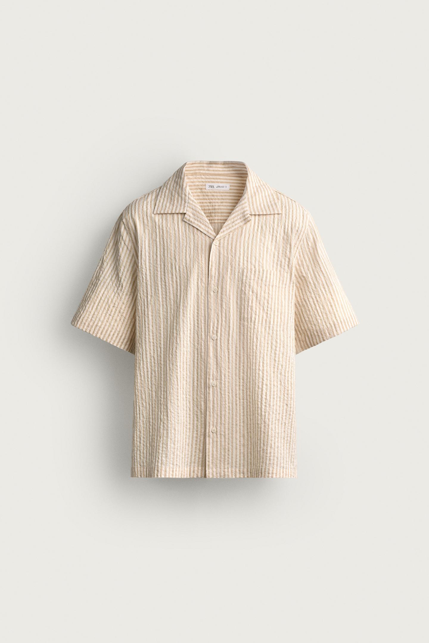 Мужская рубашка Zara Regular Fit Crinkled Striped, цвет: Жёлтый — фото 6
